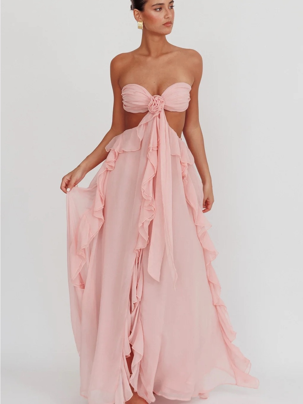 Selfie Leslie Strapless Blush Pink Ruffle Maxi Dress